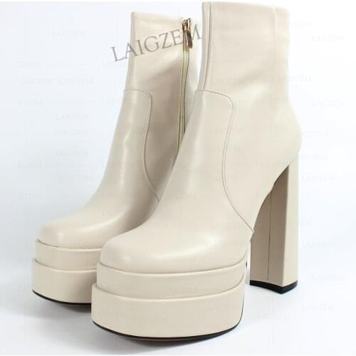 DOHBANER Genuine Leather Ankle Boots For Women Chunky Thick High Heels Platform Booties Zip Up Ladies Shoes Woman Size 35 40