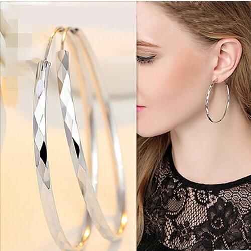 Large Size Medium Size 925 Sterling Silver Wide-faced rhombus pattern Big Hoop Earrings Women Round Circle Earrings Hoops Ear