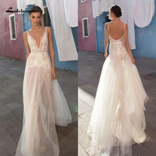 Sexy Country Gali Wedding Dresses V-Neck Tulle Lace Side Slit Bridal Gowns Beach Boho vestido de novia Sheer Backless Summer
