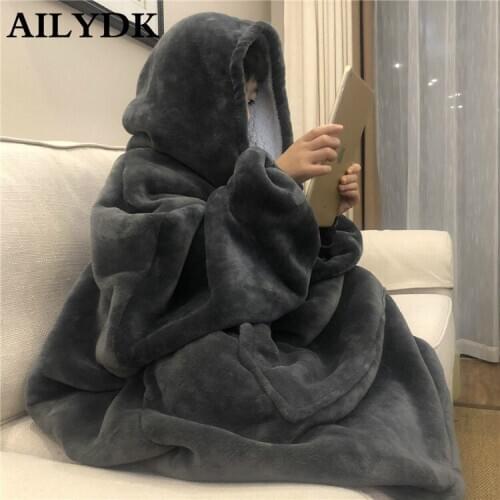 Winter Warm TV Pocket Hooded Blankets Adults Kids Bathrobe Sofa Cozy Blanket Sweatshirt Plush Coral Fleece Blankets Outwears
