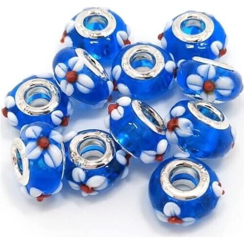10Pcs New Blue Flower Black White Big Round Shape European Beads Spacer Charms fit Pandora Bracelet Bangle Earrings Necklace DIY
