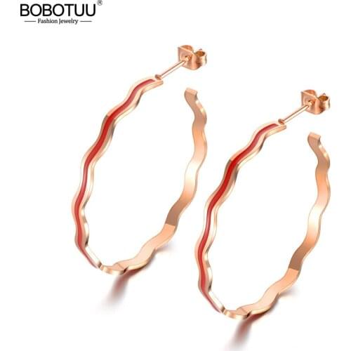 BOBOTUU Fashion Jewelry Undulation Wave Circle Earrings Stainless Steel With 3 Colors Glaze Earrings For Party Gift BE18473