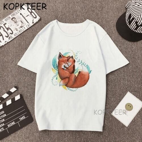 Fox Mom and Baby Print T Shirt Women Men Kawaii Cartoon Tshirt Fashion Graphic Grunge T-shirt Femme Tee Shirts Funny Clothing