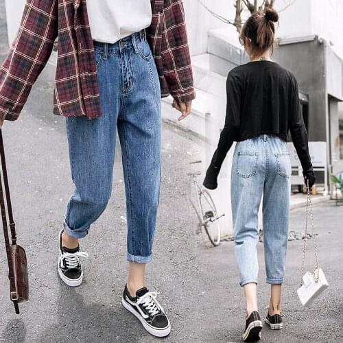 Cotton Stretch Loose Casual Ankle-Length Denim Pants 2021 Spring New Women Elastic High Waist Simple Solid Harlan Jeans