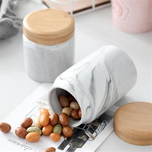 Nordic Marble Ceramic Storage Jars Chic Wood Lid Tea Coffee Candy Sealed Cans Kitchen Grains Dried Fruit Spice Organizer Jars