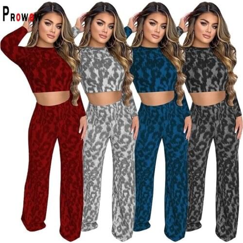 Crop Tope Wide Leg Pant Two Piece Womens Matching Set Leopard Sexy Spring Fall Clubwear Outfits for Woman 2021 New Female Suits