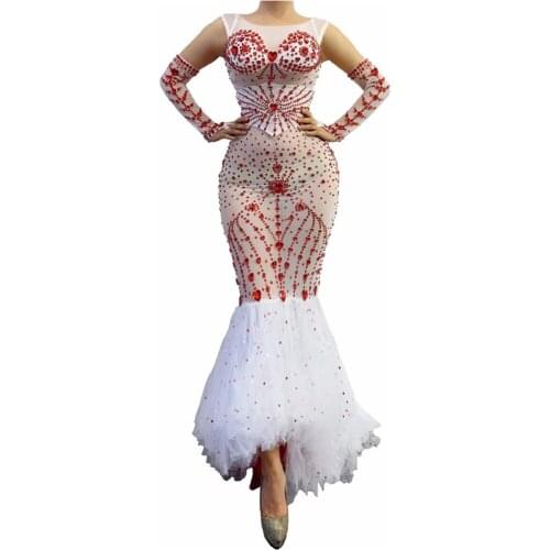 Red Rhinestone Long Mesh Mermaid Dresses Women Sexy Sleeveless Wedding Party Celebration Dress Singer Stage Wear