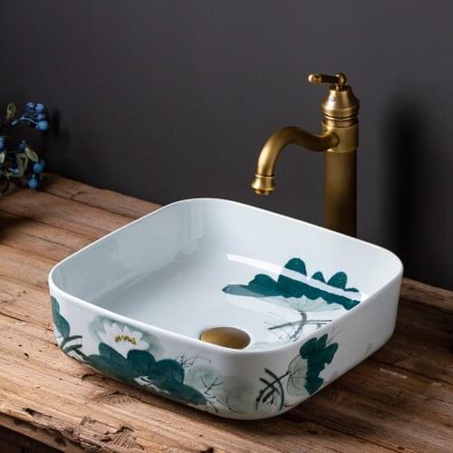 Square lotus pattern chinese washbasin sink Jingdezhen Art Counter Top ceramic wash basin bathroom sink bathroom sink art basin