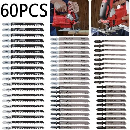 60pcs HCS T-shank Jigsaw Blade Curve Cutting Tool Kits Metal Steel Jigsaw Blade Set for Wood Plastic Woodworking Tools Cutting