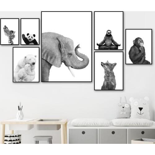 Canvas Prints Modular Pictures Black White Polar Bear Monkey Animal Painting Wall Art Home Decor Nordic Style Poster Kids Room