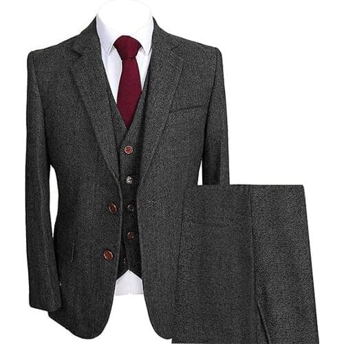 Mens Herringbone Suits 3 Piece Groom Wool Wedding Formal Tuxedo Business Tailormade Tuxedos Blazer & Pants & Vest For Wedding