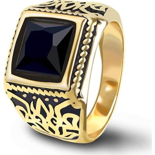 Square black agate gemstones vintage carving rings for men 18k gold color stainless steel indian masculine jewelry bague turkey