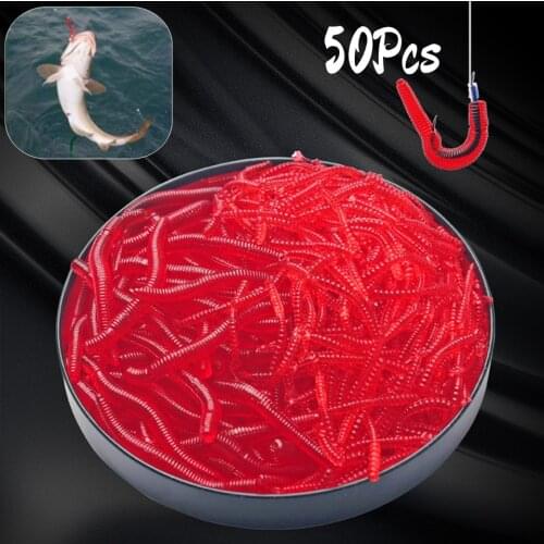 50pcs/bag Soft Silicone Fishing Lures Simulated Lifelike Earthworms Red Worms Artificial Fishing Tackle Realistic Fishing Baits