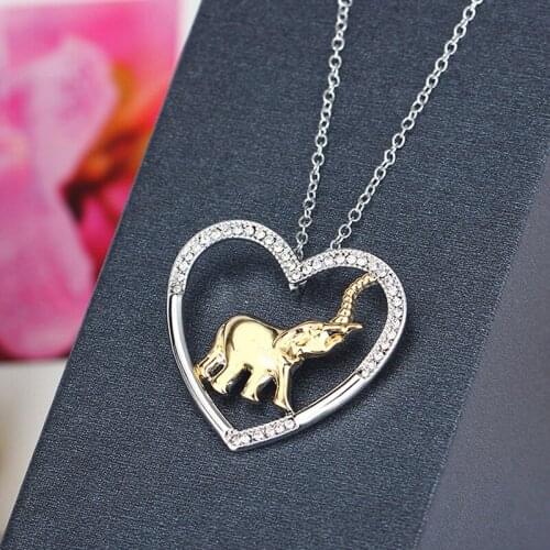 New Crystal Heart-shaped Golden Elephant Pendant Necklace Jewelry Party Wedding Christmas Gifts for Women Link Chain Metal Alloy