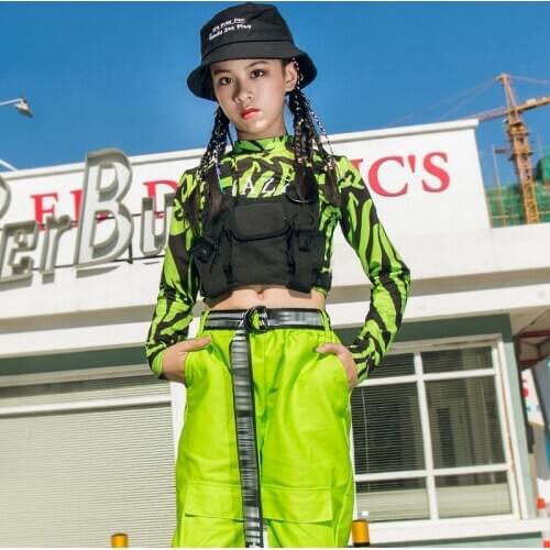 2021 Hip-Hop Dance Clothes For Girls Fluorescent Green Suit ChildrenS Jazz Modern Dance Costumes Performance Rave Wear DN6865
