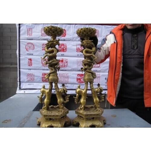 Song voge gem S1204 Chinese superb Brass Copper Dragon play Lion candlestick Pair Statue