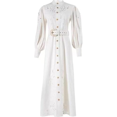 DUISNENA boho dress fairy white hollow out vintage women dresses autumn long lantern sleeve embroidery belt robe vestidos