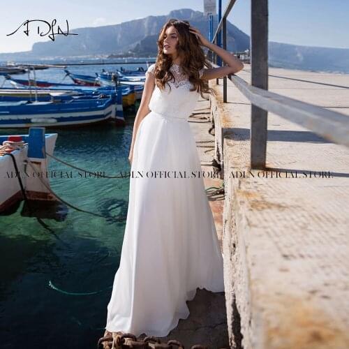 Chiffon Boho Wedding Dress Sexy O Neck Cap Sleeve Beading Lace Applique A Line Beach Bridal Gown 2021 Robe De Mariee