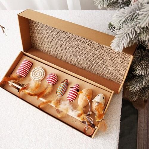 Funny Cat Toy Set Combination Cat Scratching Board Seven-piece Set Bell Colored Feather Linen Mouse Toys Pole Funny Cat Stick