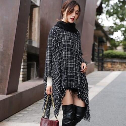 Turtleneck Fringed Cloak Shawl Women Black Cape Fall Winter Sleeveless Pullover Loose Ponchos and Capes Women Lugentolo