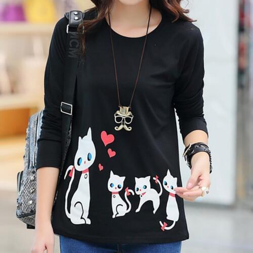 Female autumn new long-sleeved round neck cat print bottoming shirt casual wild long-sleeved T-shirt