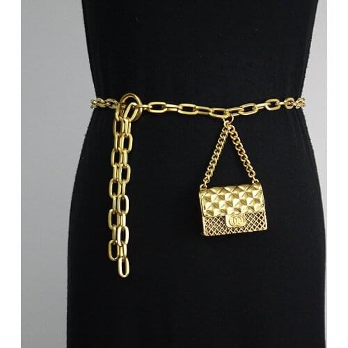 Womens Fanny Pack Belt Metal Golden Chain Mini Bag Lattice Cross Decorative Small Bag Tide Female Purse