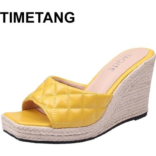 TIMETANG New Summer Rhombus Upper Women Slippers Cane Straw Weave Platform Casual Sandal 9.5CM Square Toe Wedges High-Heel Shoes