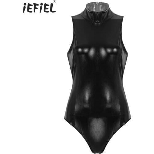 Womens Shiny Metallic Leotard Bodysuit Latex Catsuit Mock Neck Sleeveless One-piece Lingerie Nightwear Back with Armbinder Glove