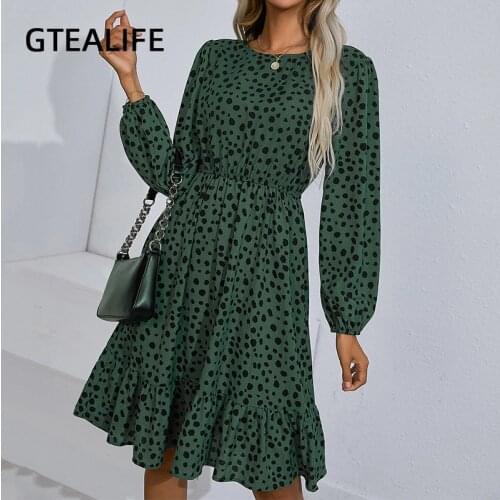 GTEALIFE Green Women Autumn Winter Dalmatian Print Ruffle Hem Midi Elegant Dress Boho O Neck Long Sleeve Beach Party Dresses