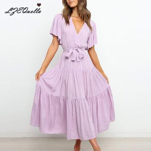 Summer Long Dress Women Sexy Beach Sundress Solid Color Ruffles Dresses Party Holiday V neck Sashes Long Dresses NZ3730