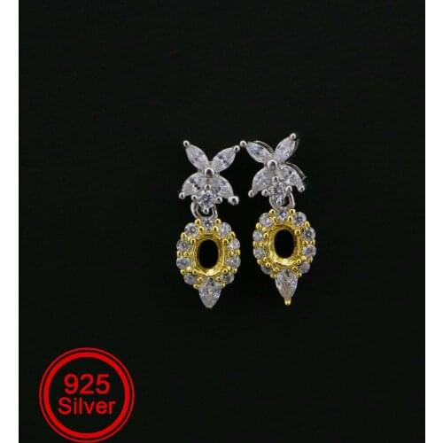 1Pair 3x4MM Oval Studs Earrings Settings Luxury Flower Gold Plated Solid 925 Sterling Silver Bezel DIY Supplies 1702220