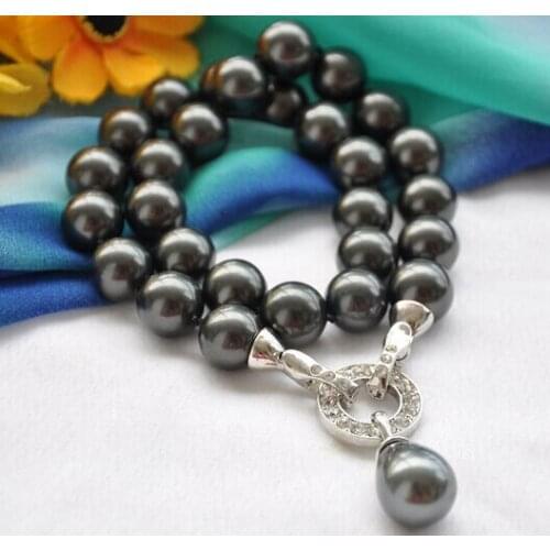 14mm round black SHELL PEARL NECKLACE Drip pendant 17inch