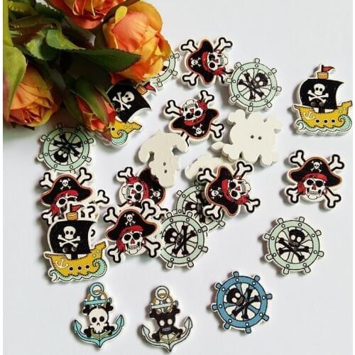 150pcs Mixed 2 Holes Colored Cartoon Style Corsair Series Pattern Wood Buttons For kids Clothing Handmake DIY Accessories