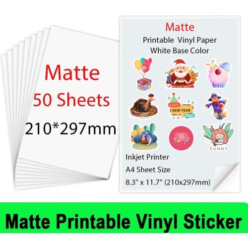 50 Sheets Matte Printable Vinyl Sticker Paper A4 (210*297mm) Inkjet Printer Paper for Inkjet printer DIY Crafts Gifts Copy Paper