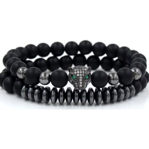 6mm 2PCS/Lot jg4 gold silver Copper cz zircon cubic zirconia elastic adjusted leopard nature stone Frosted agate Onyx Bracelet