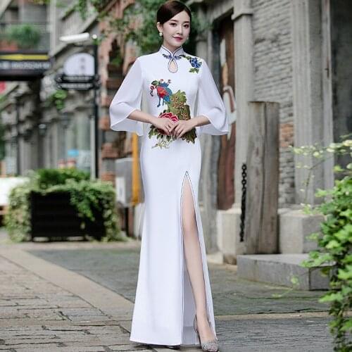 White Sexy Chinese Evening Dresses Long Cheongsam Elegant Dress Women Qipao Girl Embroidery Oriental Costumes Womens Clothing