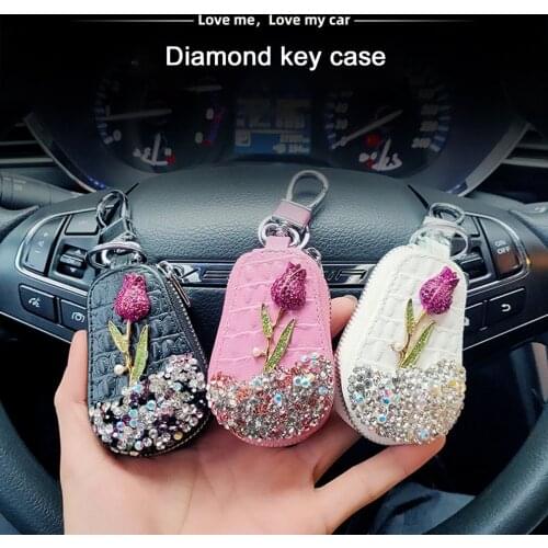Flower Car Key Holder Storage Case Crystal Diamond Key Chains Key Cover Remote Key Bag For Interior Accessories