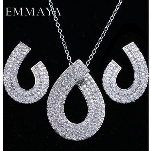 EMMAYA Unique C Design Round CZ Crystal Jewelry Sets Silver-color Necklaces Pendant Stud Earrings Gifts for Women