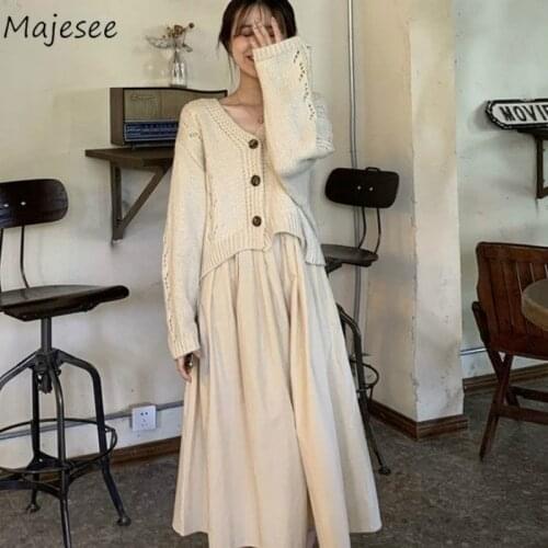 Womens Sets V-neck Hollow Out Cardigans High Waist Ankle-length Dress Gentle Sweet Casual Korean Style Students Chic Fashion New