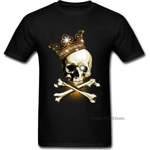 King Of Bling 2018 Funny Skull Print Men T Shirts Pirate Crossbones & Crown Print Adult Plus Size Black T-shirt For Hipster