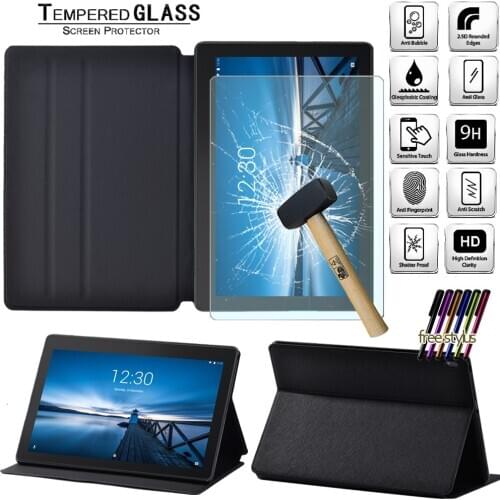 Leather Tablet Case for Lenovo TAB E10 TB-X104F 10.1 Inch Anti-fall Pure Black Soft Shell Cover Case + Tempered Glass Film