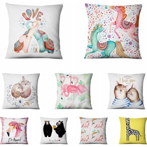 Cartoon Animals Flax Pillow Watercolor Illustration Cushion Decorative Pillow Home Decor Sofa Throw Pillows Almofadas 17*17inch