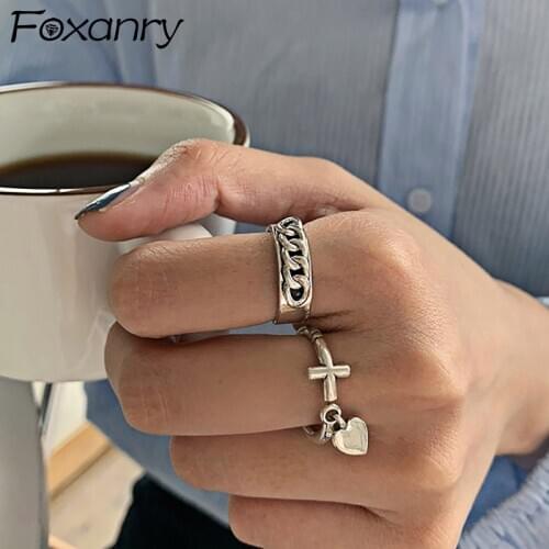 Foxanry 925 Sterling Silver Trendy Rings for Women Creative Vintage Handmade LOVE Heart Pendant Punk Hiphop Party Jewelry Gifts