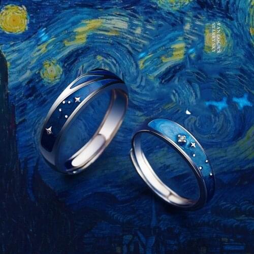 Fashion Couple S925 Silver-plated Epoxy Blue Starry Personality Adjustable Rings Love Anniversary Gift 250