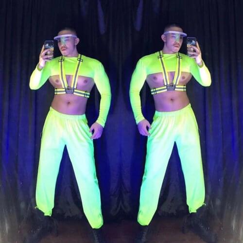 Men Hip Hop Jazz Dance Fluorescent Green Set Sexy Bar Nightclub DJ Pole Dancing Performance Party Show 3 Piece Set Gogo Costume