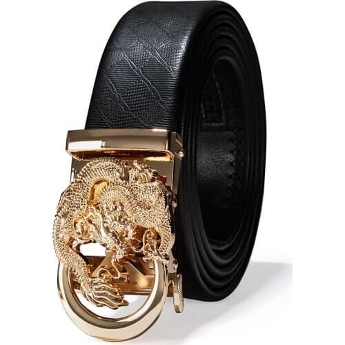 Hi-Tie Famous Brand Designer Mens Cowskin Genuine Leather Automatic Buckle Belts for Men Luxury Gold Dragon Trouser Belts Men