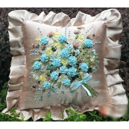 1pcs 45x45cm blue pink flower bouquet Ribbon embroidery kit pillow cover set handcraft DIY handmade needlework art home decor