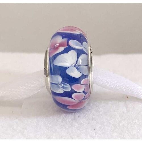 Original White & Pink Flower Garden Lampwork Murano Glass Bead Fit 925 Sterling Silver Charm Bracelet Bangle DIY Jewelry