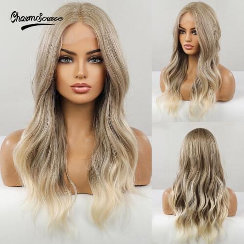 CharmSource Lace Front Synthetic Wigs Long Wavy Hair Brown Omber Blonde Daily Party for Women High Density Heat Resistant Wig