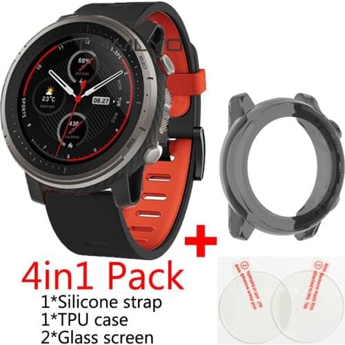 4in1 Wrist Straps for huami Amazfit Stratos 3 strap band Sports Silicone Belt for xiaomi stratos3 case TPU cover glass screen